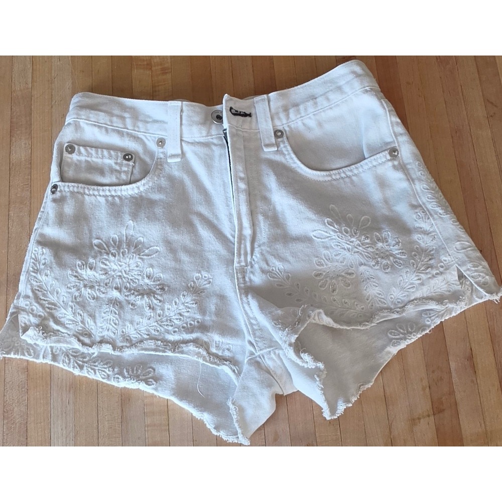 Rag & Bone Jean Embroidered Justine Denim Cut Off Shorts SZ 23 Boho Frayed Hem